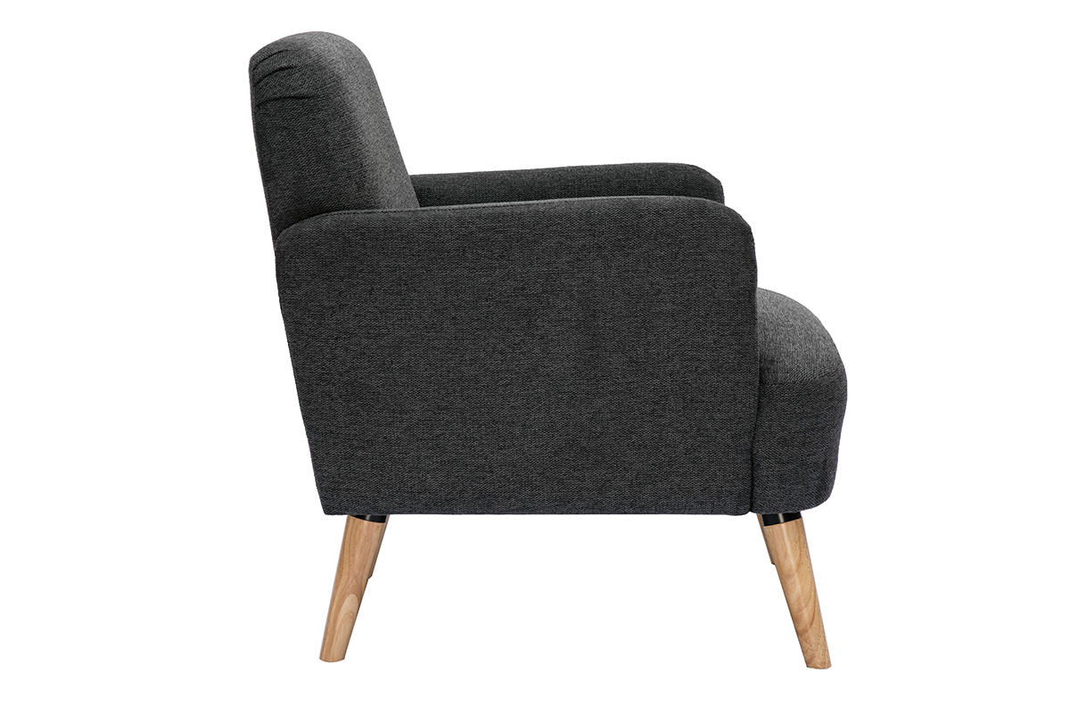 Fauteuil scandinave en tissu effet velours textur gris fonc et bois clair ISKO