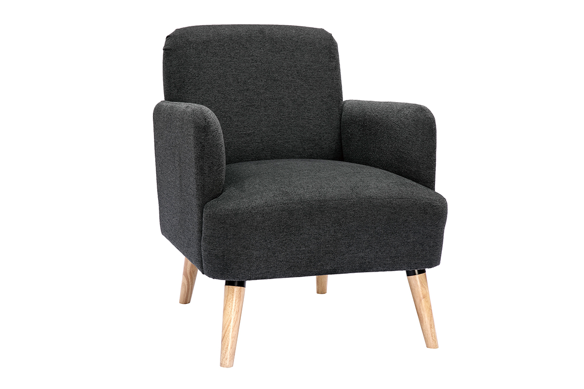 Fauteuil scandinave en tissu effet velours textur gris fonc et bois clair ISKO