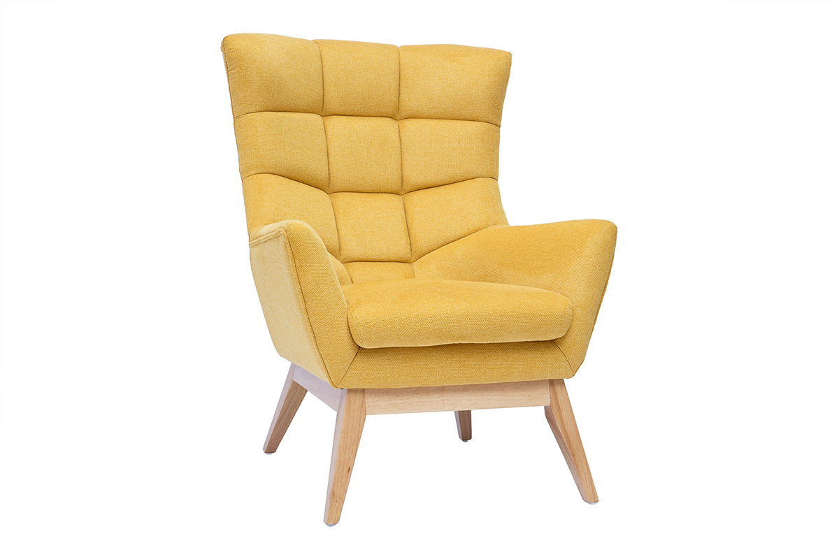 Fauteuil scandinave en tissu effet velours textur jaune moutarde et bois clair BRODY