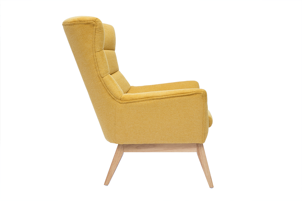 Fauteuil scandinave en tissu effet velours textur jaune moutarde et bois clair BRODY