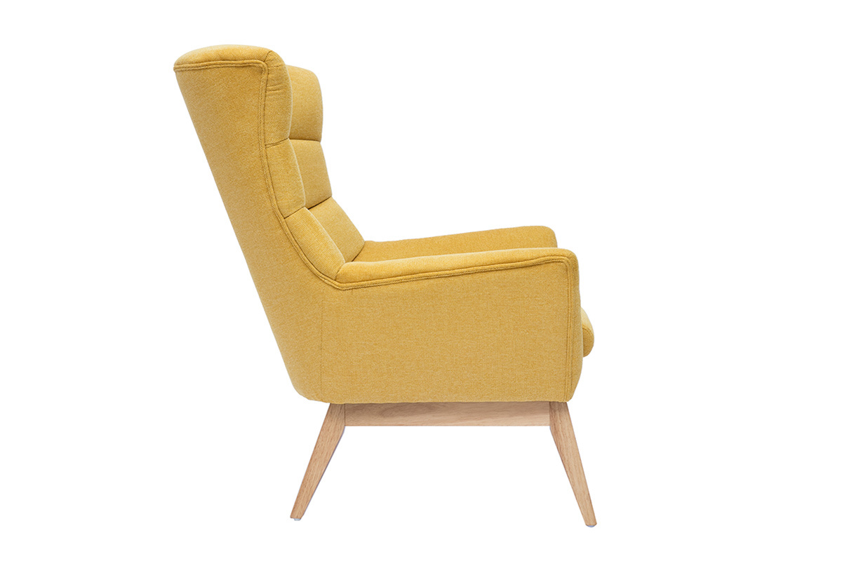 Fauteuil scandinave en tissu effet velours textur jaune moutarde et bois clair BRODY