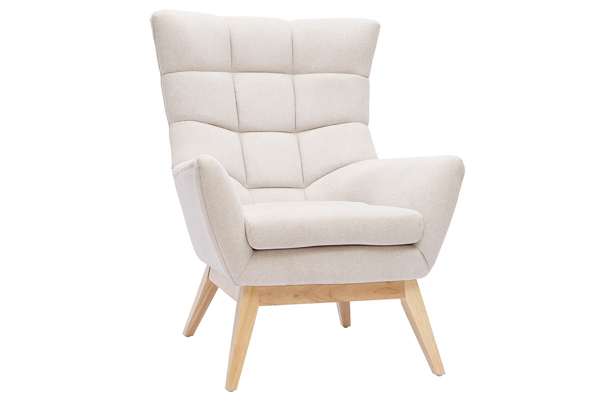 Fauteuil scandinave en tissu effet velours textur naturel et bois clair BRODY