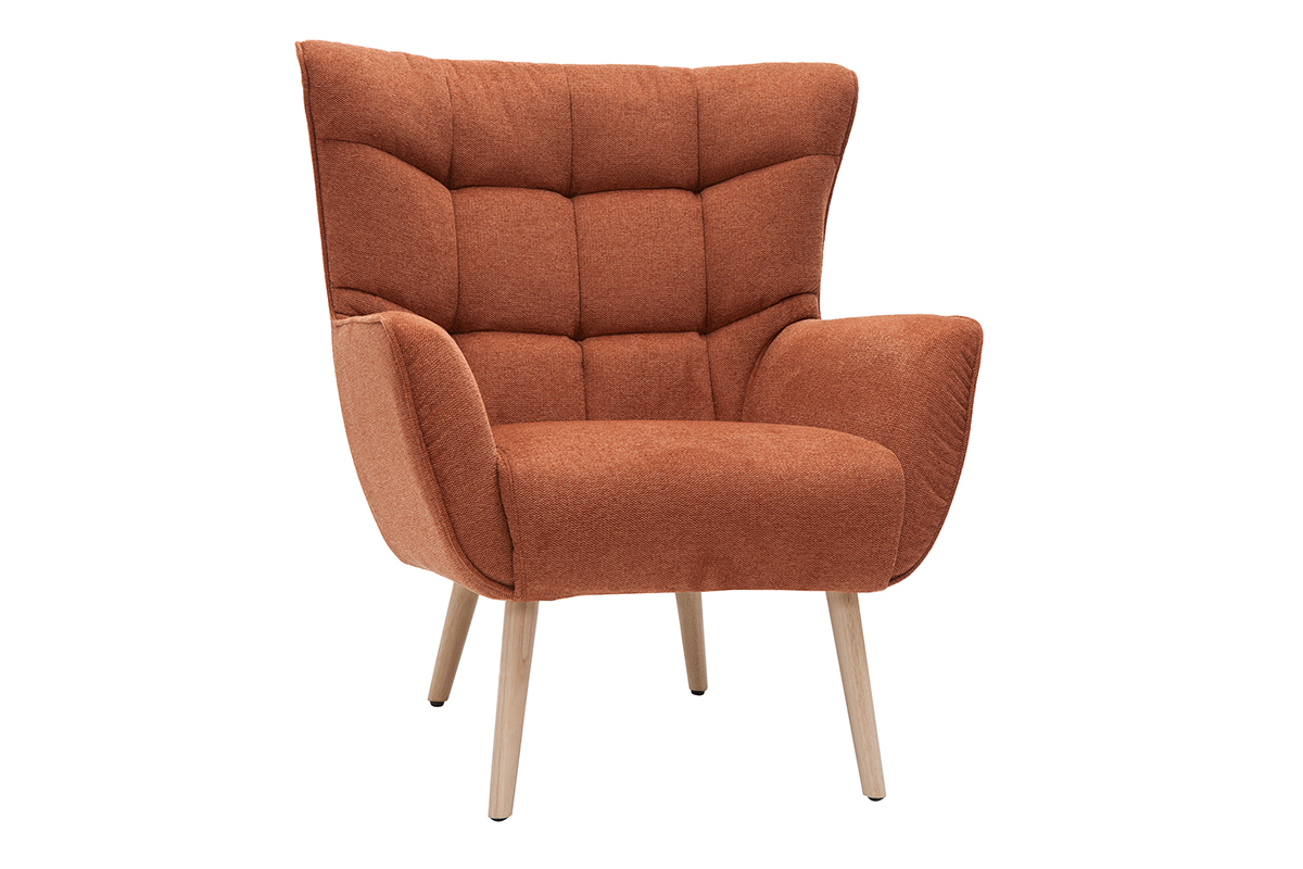 Fauteuil scandinave en tissu effet velours textur terre brle et bois clair AVERY