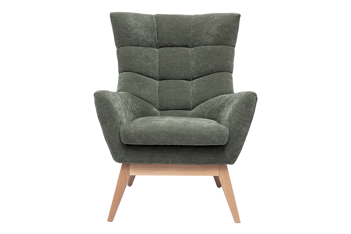 Fauteuil scandinave en tissu effet velours vert kaki et bois clair BRODY