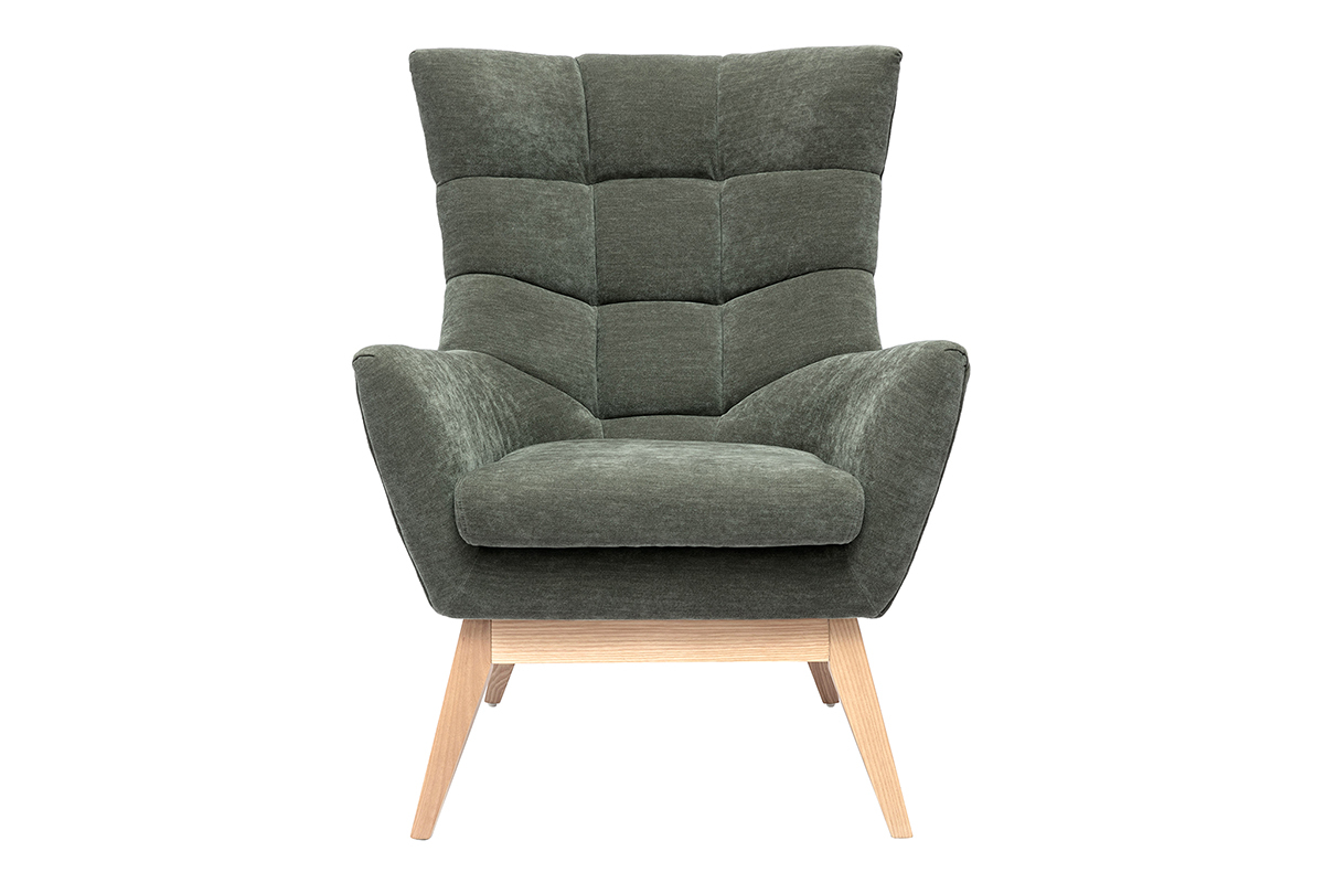 Fauteuil scandinave en tissu effet velours vert kaki et bois clair BRODY