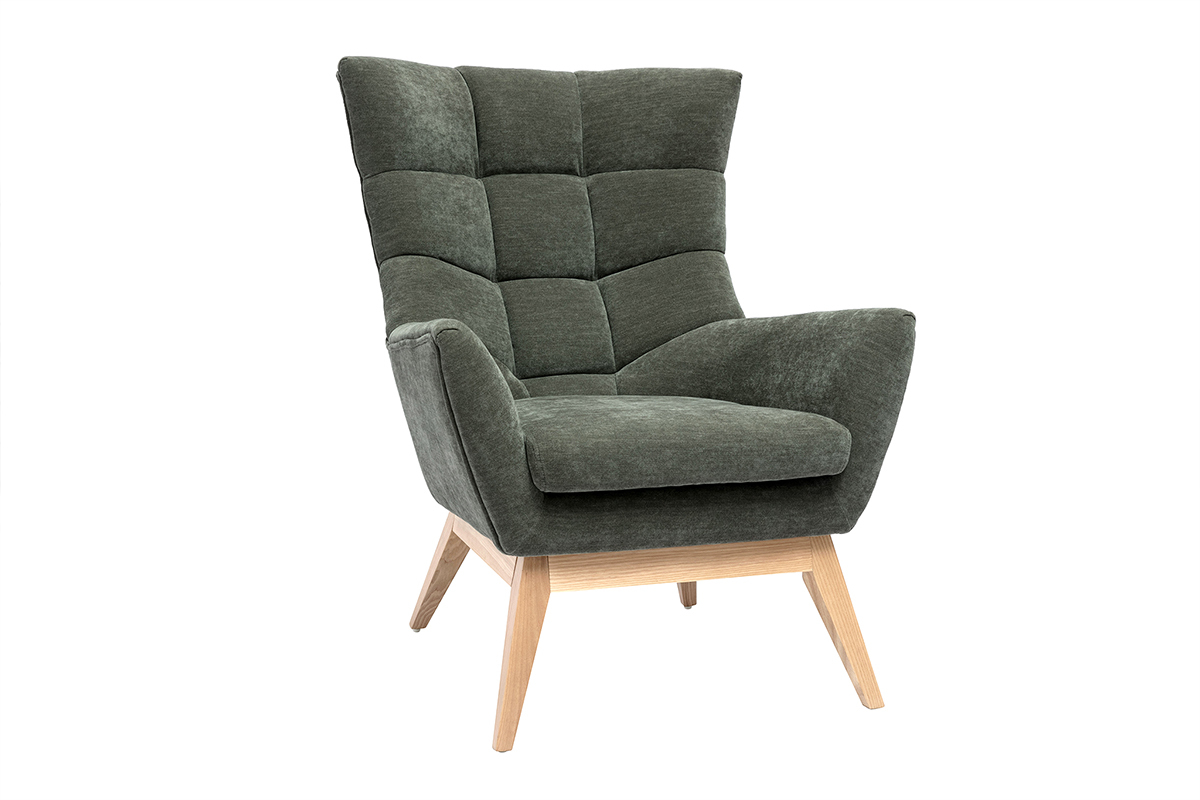 Fauteuil scandinave en tissu effet velours vert kaki et bois clair BRODY