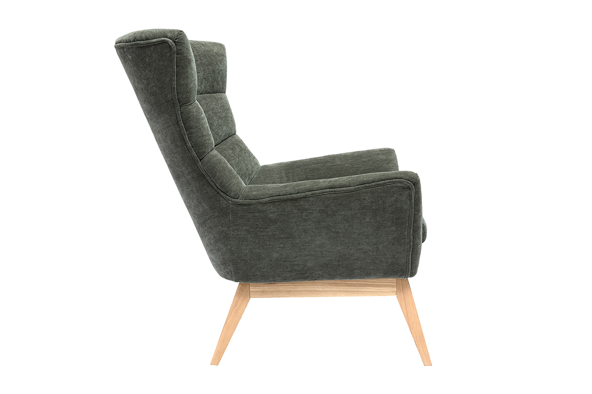 Fauteuil scandinave en tissu effet velours vert kaki et bois clair BRODY