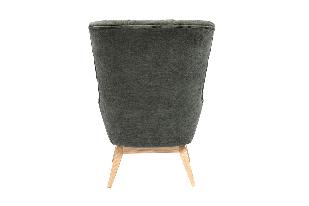 Fauteuil scandinave en tissu effet velours vert kaki et bois clair BRODY