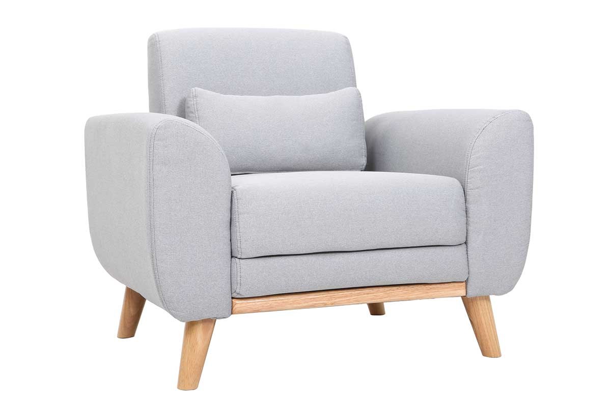 Fauteuil scandinave en tissu gris clair et bois clair EKTOR