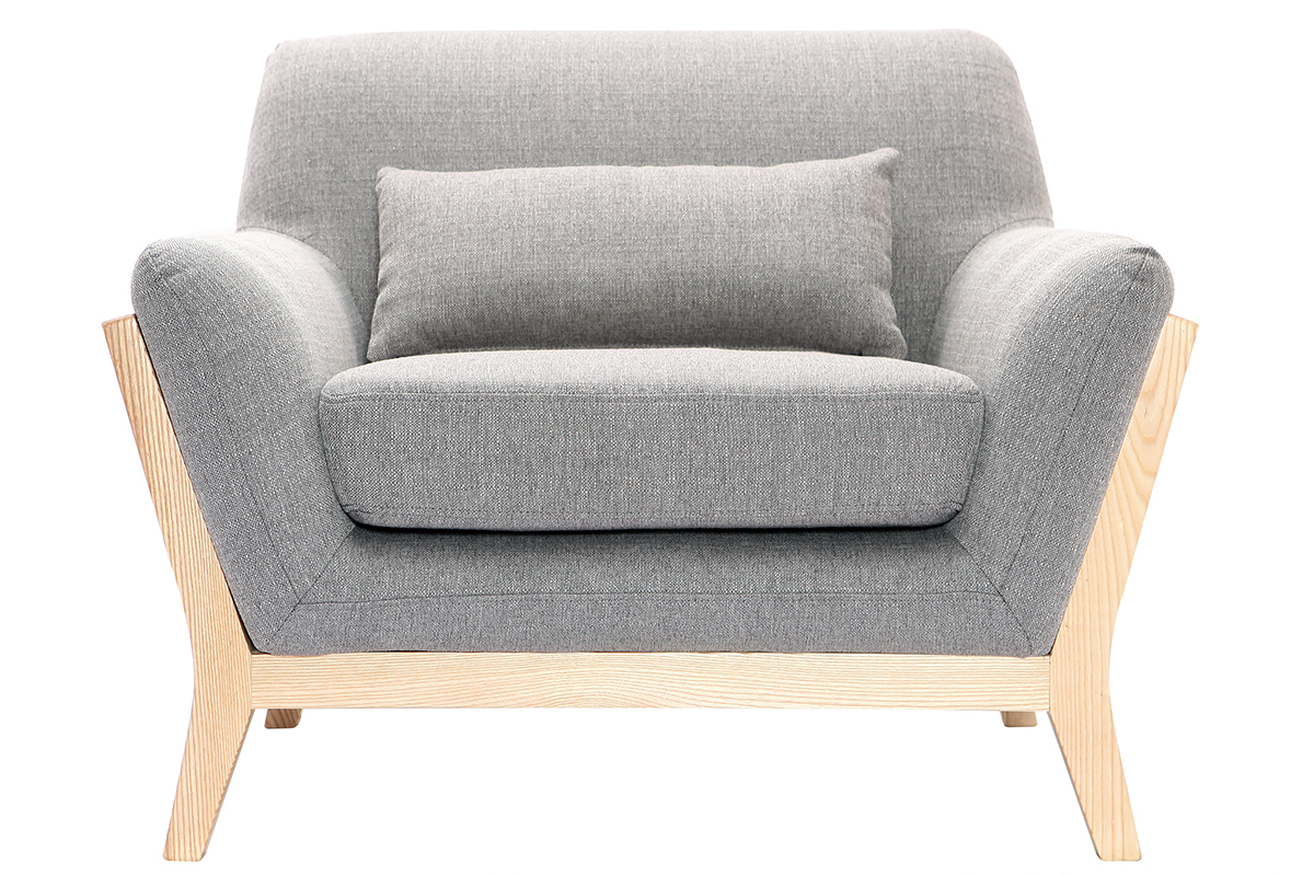 Fauteuil scandinave en tissu gris et bois clair massif YOKO