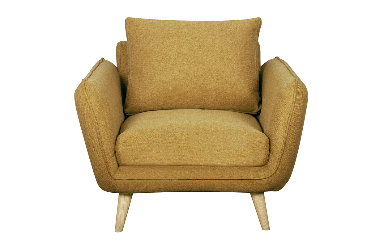 Fauteuil scandinave en tissu jaune cumin et bois clair CREEP