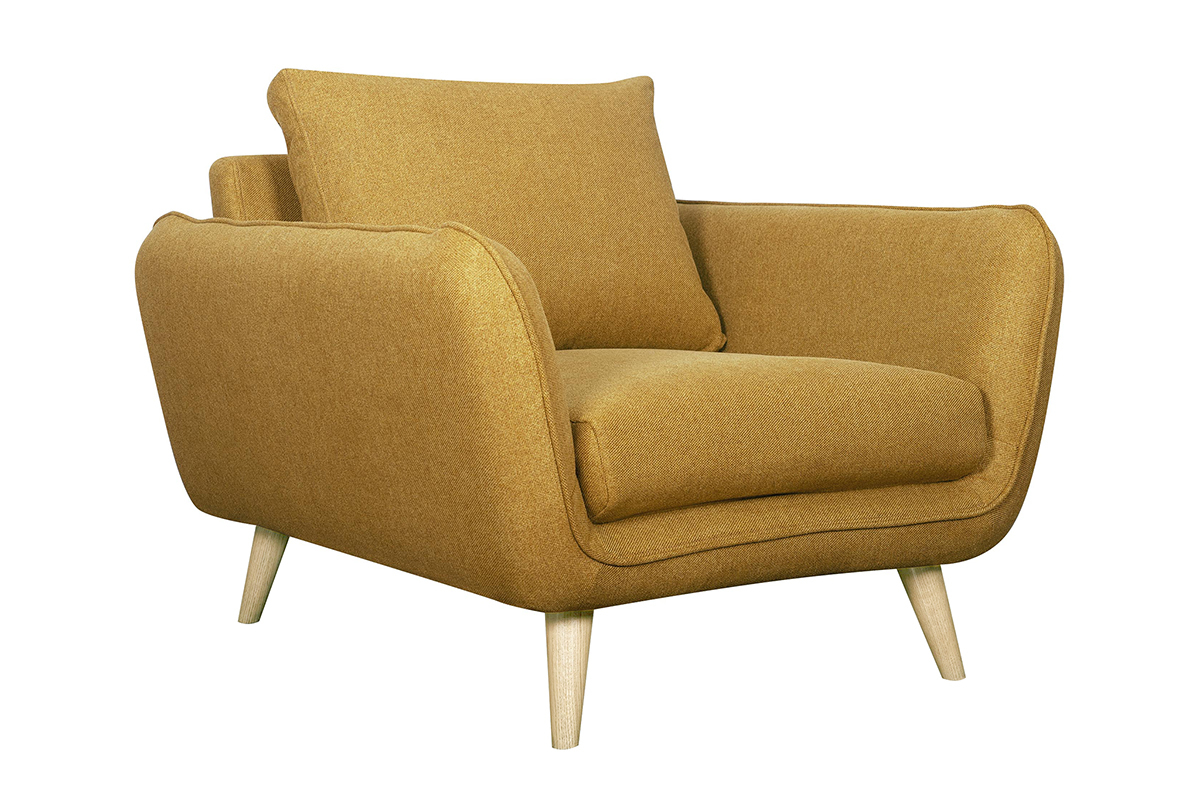 Fauteuil scandinave en tissu jaune cumin et bois clair CREEP