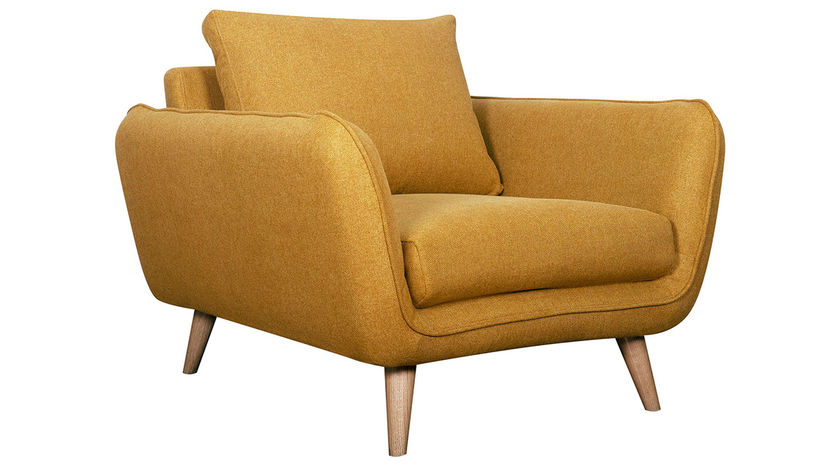 Fauteuil scandinave en tissu jaune cumin et bois clair CREEP