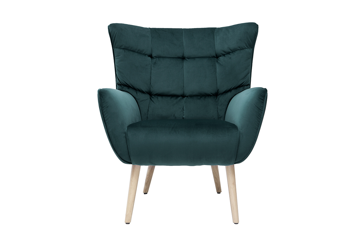 Fauteuil scandinave en tissu velours bleu ptrole et bois clair AVERY