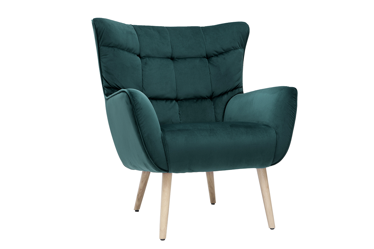 Fauteuil scandinave en tissu velours bleu ptrole et bois clair AVERY