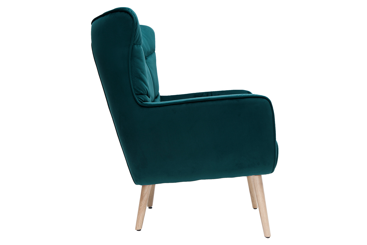 Fauteuil scandinave en tissu velours bleu ptrole et bois clair AVERY