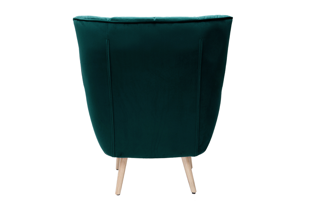 Fauteuil scandinave en tissu velours bleu ptrole et bois clair AVERY