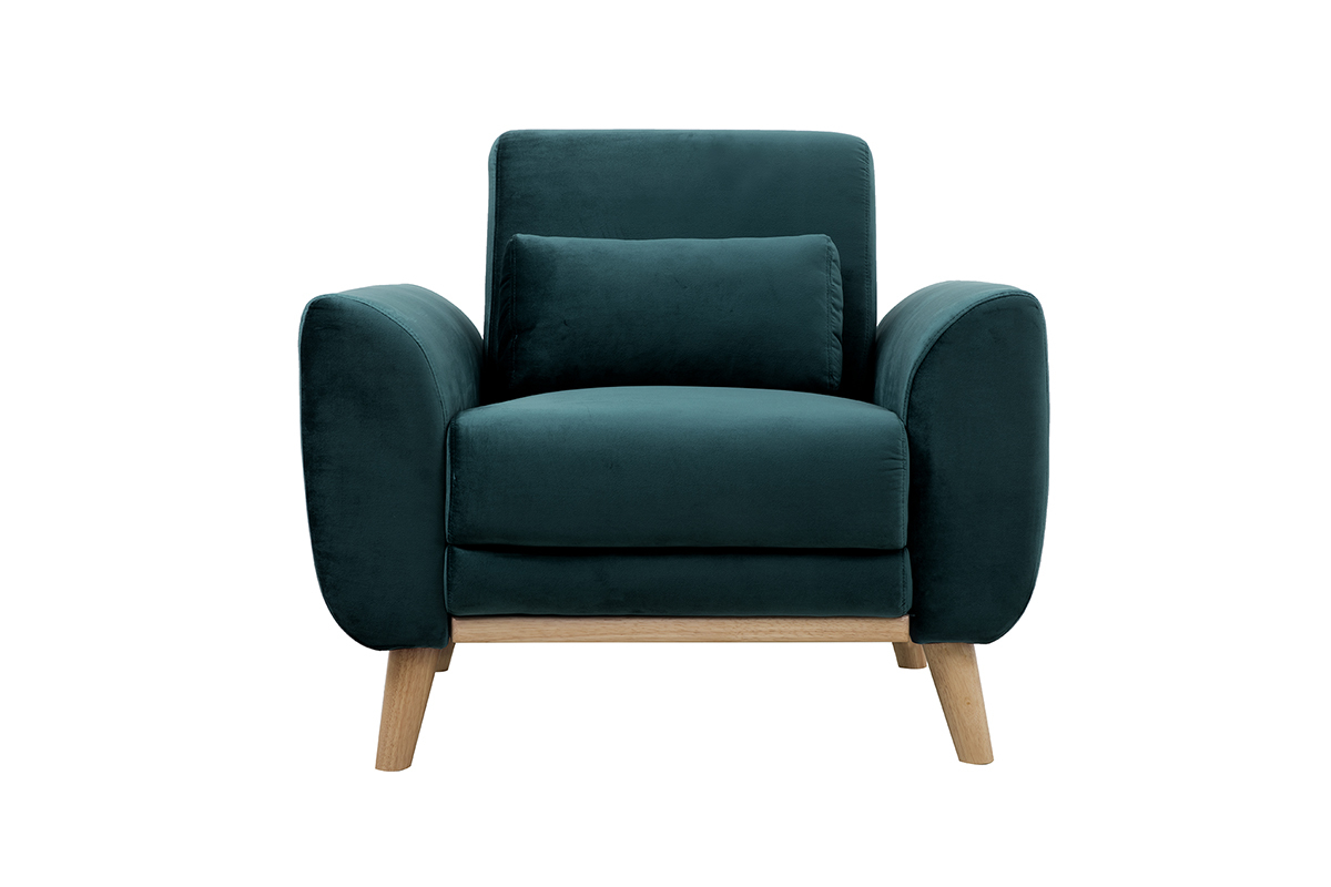 Fauteuil scandinave en tissu velours bleu ptrole et bois clair EKTOR