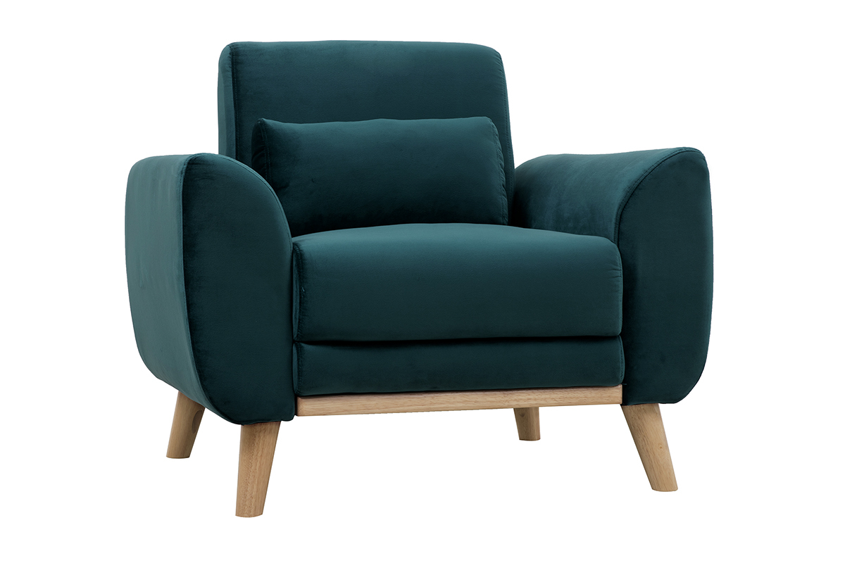 Fauteuil scandinave en tissu velours bleu ptrole et bois clair EKTOR