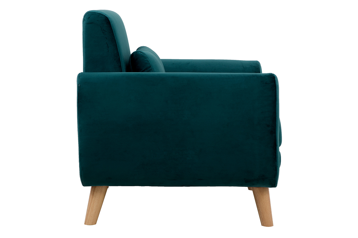 Fauteuil scandinave en tissu velours bleu ptrole et bois clair EKTOR