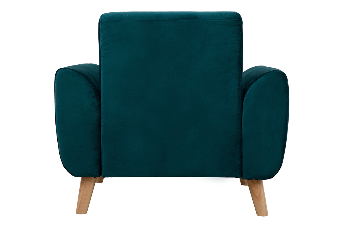 Fauteuil scandinave en tissu velours bleu ptrole et bois clair EKTOR