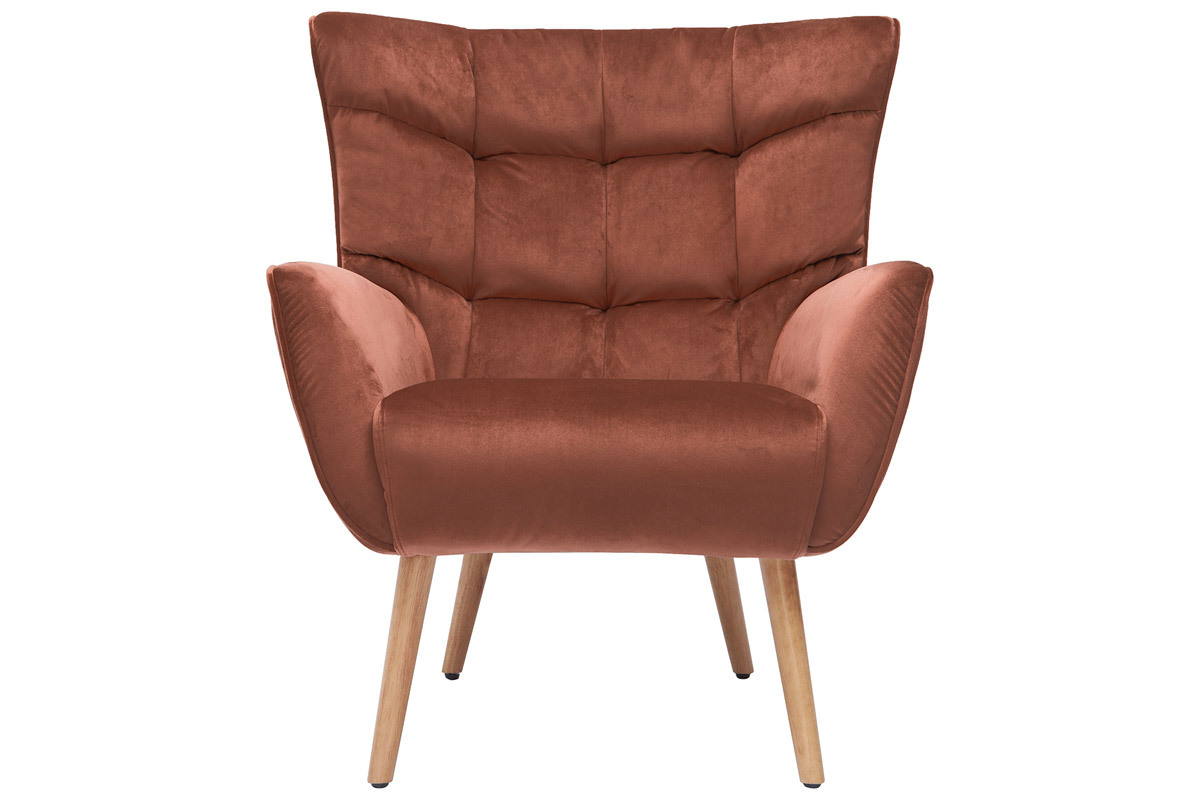 Fauteuil scandinave en tissu velours rouge tomette et bois clair AVERY