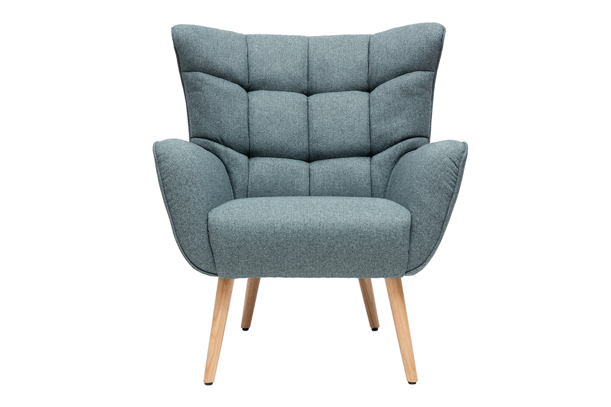 Fauteuil scandinave en tissu vert de gris et bois clair AVERY