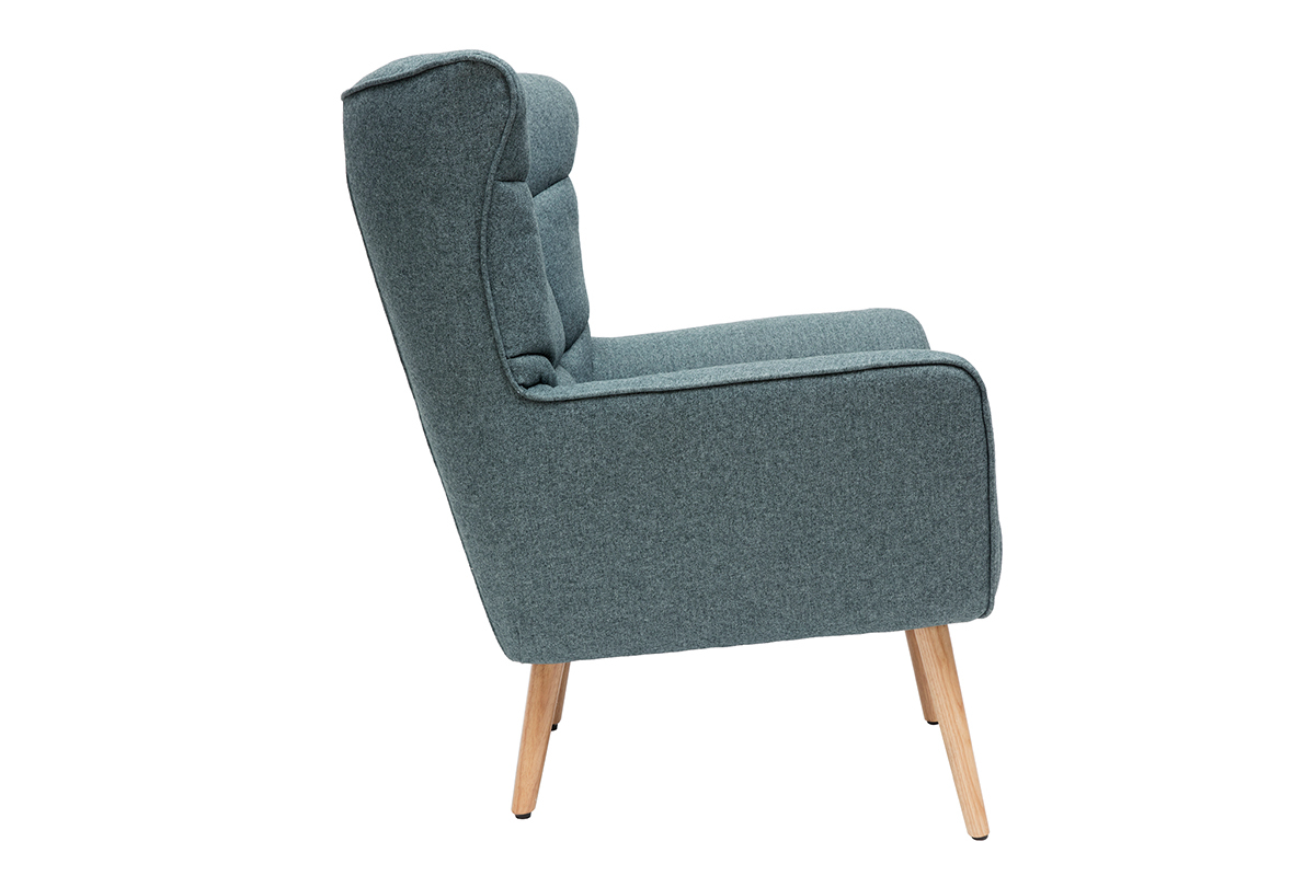 Fauteuil scandinave en tissu vert de gris et bois clair AVERY