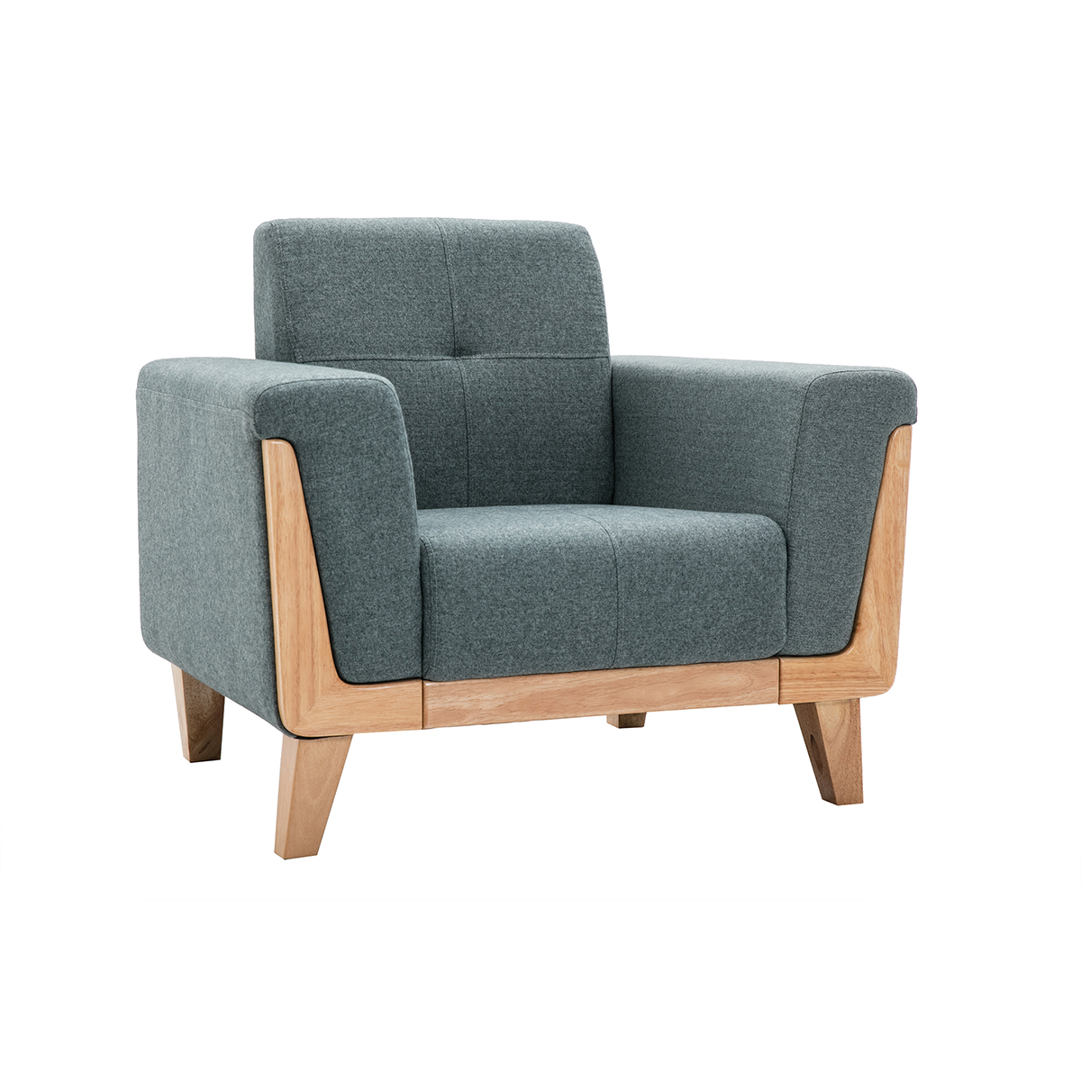 Fauteuil scandinave en tissu vert de gris et bois clair FJORD