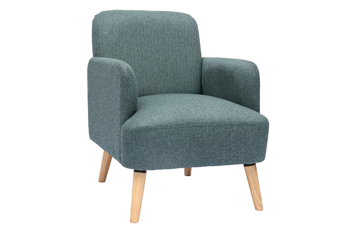 Fauteuil scandinave en tissu vert de gris et bois clair ISKO