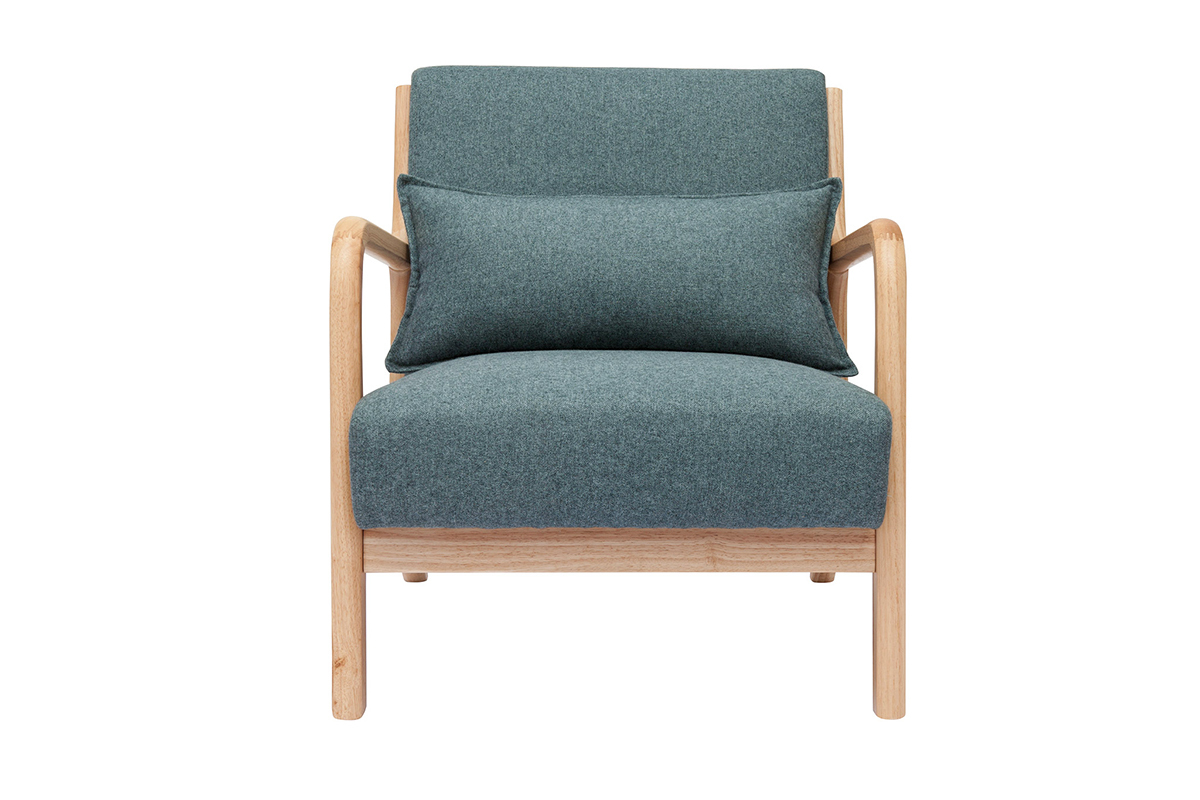 Fauteuil scandinave en tissu vert de gris et bois clair massif DERRY