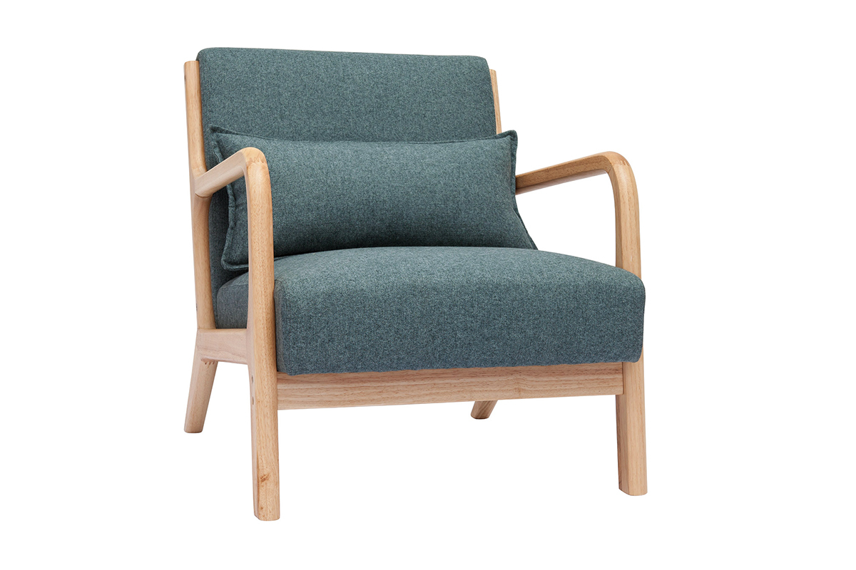 Fauteuil scandinave en tissu vert de gris et bois clair massif DERRY