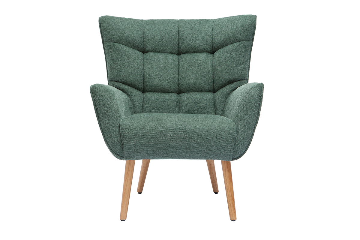 Fauteuil scandinave tissu effet velours textur vert fonc et bois clair AVERY