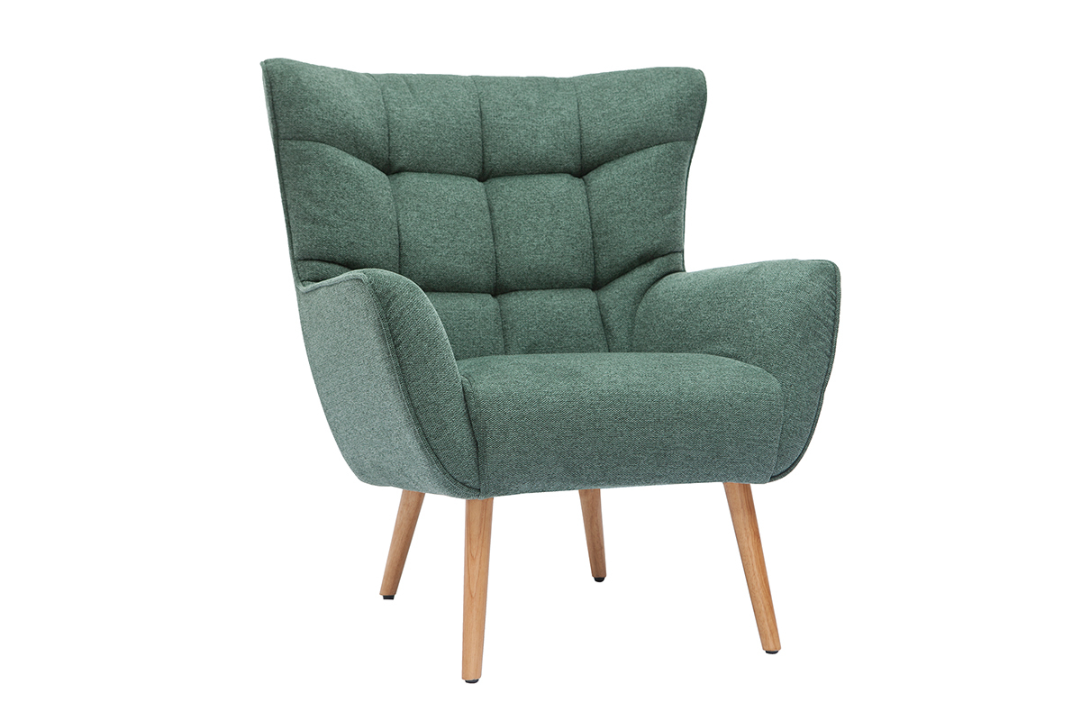 Fauteuil scandinave tissu effet velours textur vert fonc et bois clair AVERY