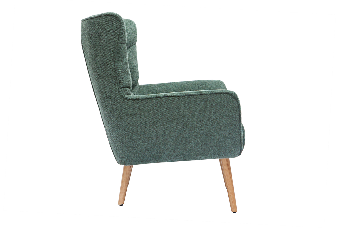 Fauteuil scandinave tissu effet velours textur vert fonc et bois clair AVERY