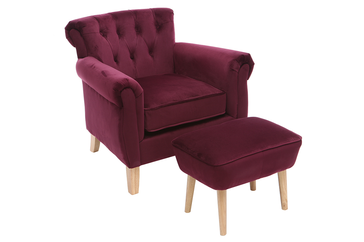 Fauteuil velours bordeaux bois clair MAJESTIC