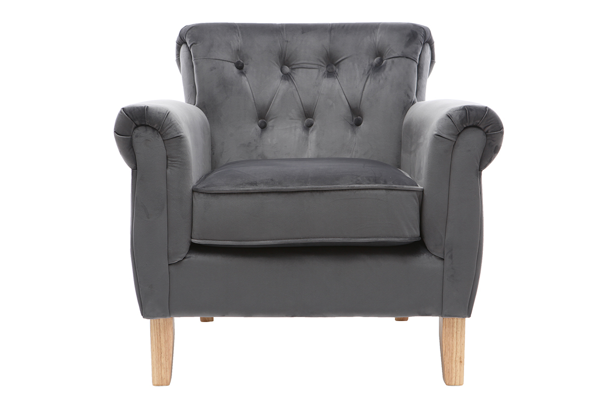 Fauteuil velours gris fonc bois clair MAJESTIC