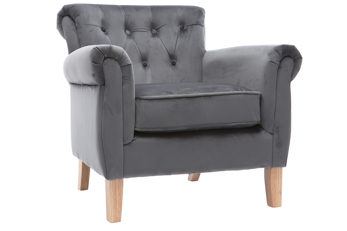 Fauteuil velours gris fonc bois clair MAJESTIC