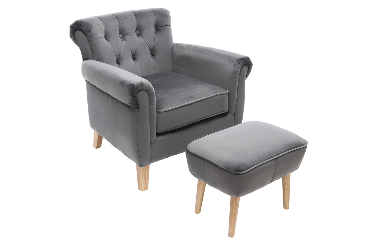 Fauteuil velours gris fonc bois clair MAJESTIC