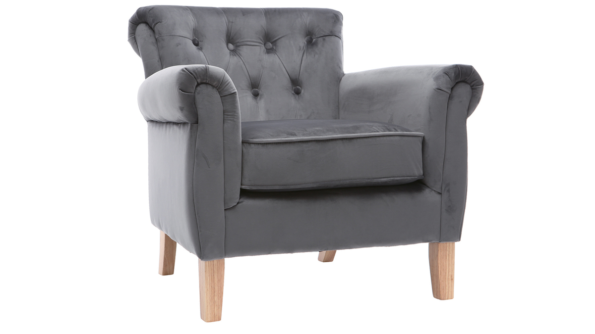 Fauteuil velours gris fonc bois clair MAJESTIC