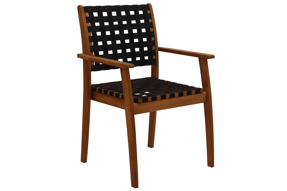 Fauteuils de jardin empilables sangles noires et bois massif (lot de 2) KHASHA