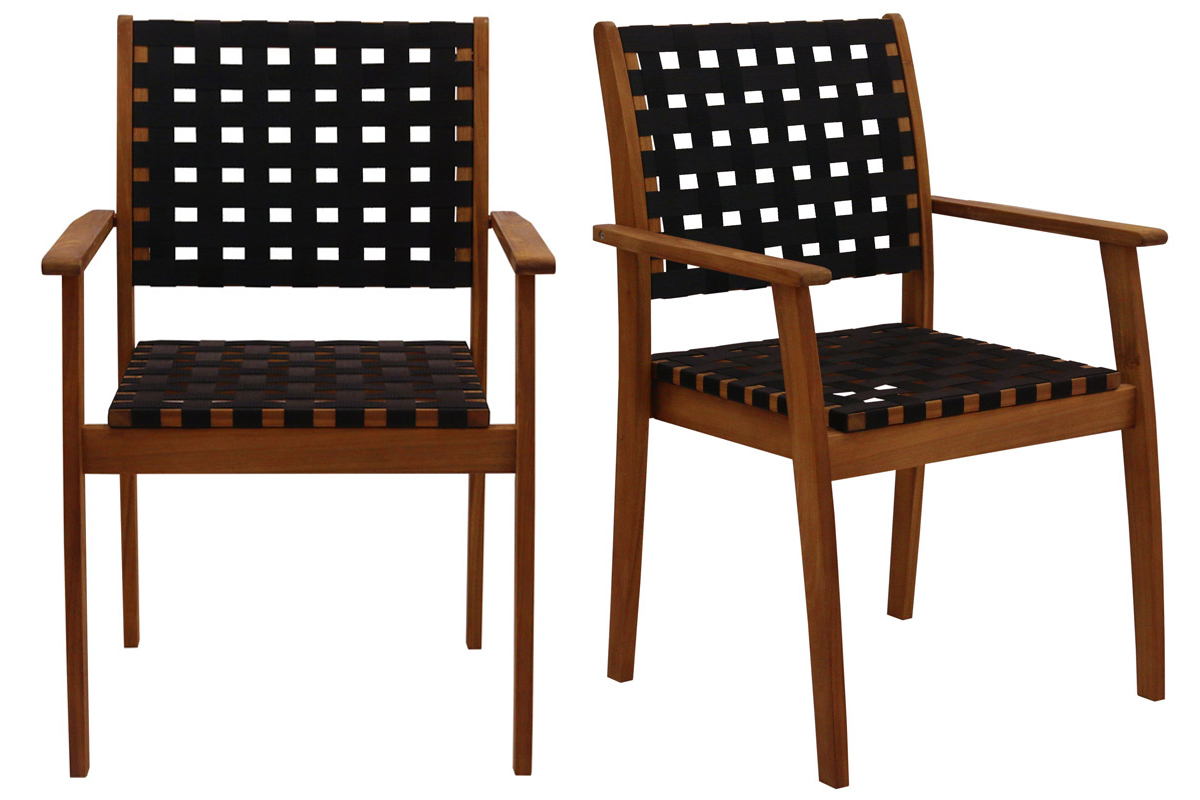 Fauteuils de jardin empilables sangles noires et bois massif (lot de 2) KHASHA