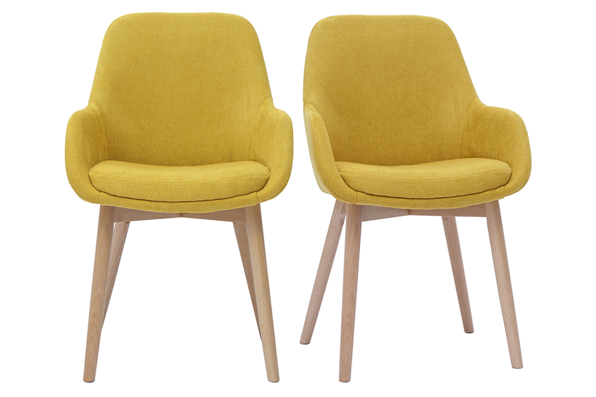 Fauteuils scandinaves en tissu effet velours jaune moutarde et bois clair massif (lot de 2) HOLO