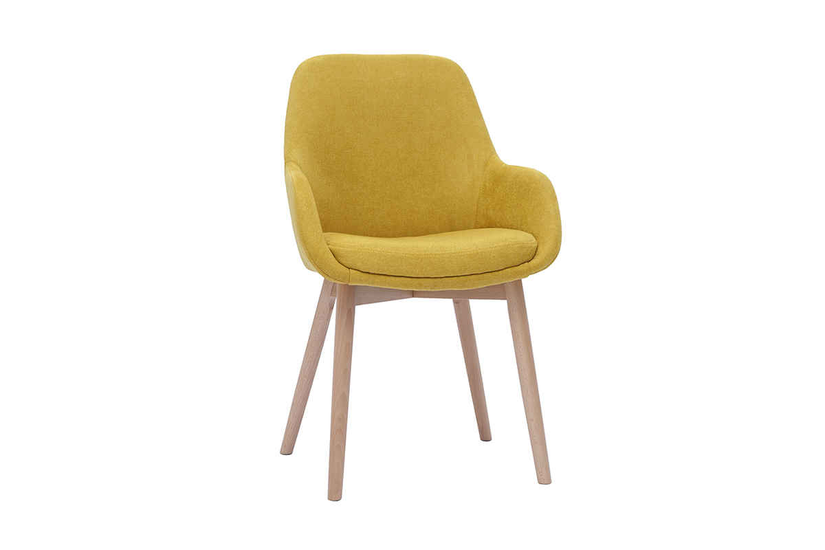 Fauteuils scandinaves en tissu effet velours jaune moutarde et bois clair massif (lot de 2) HOLO