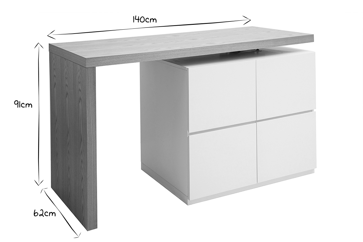 lot - table de bar modulable avec rangement blanc mat et bois clair chne L140-165 cm MAX