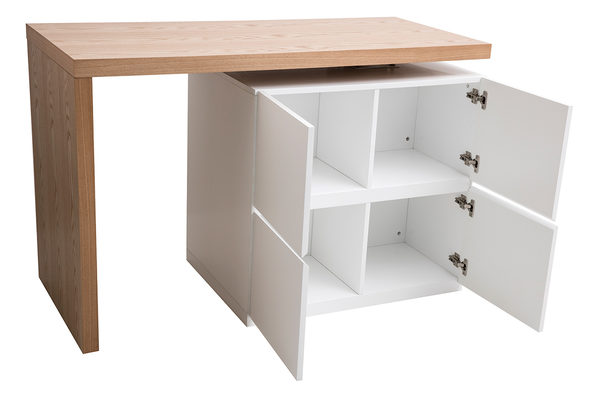 lot - table de bar modulable avec rangement blanc mat et bois clair chne L140-165 cm MAX