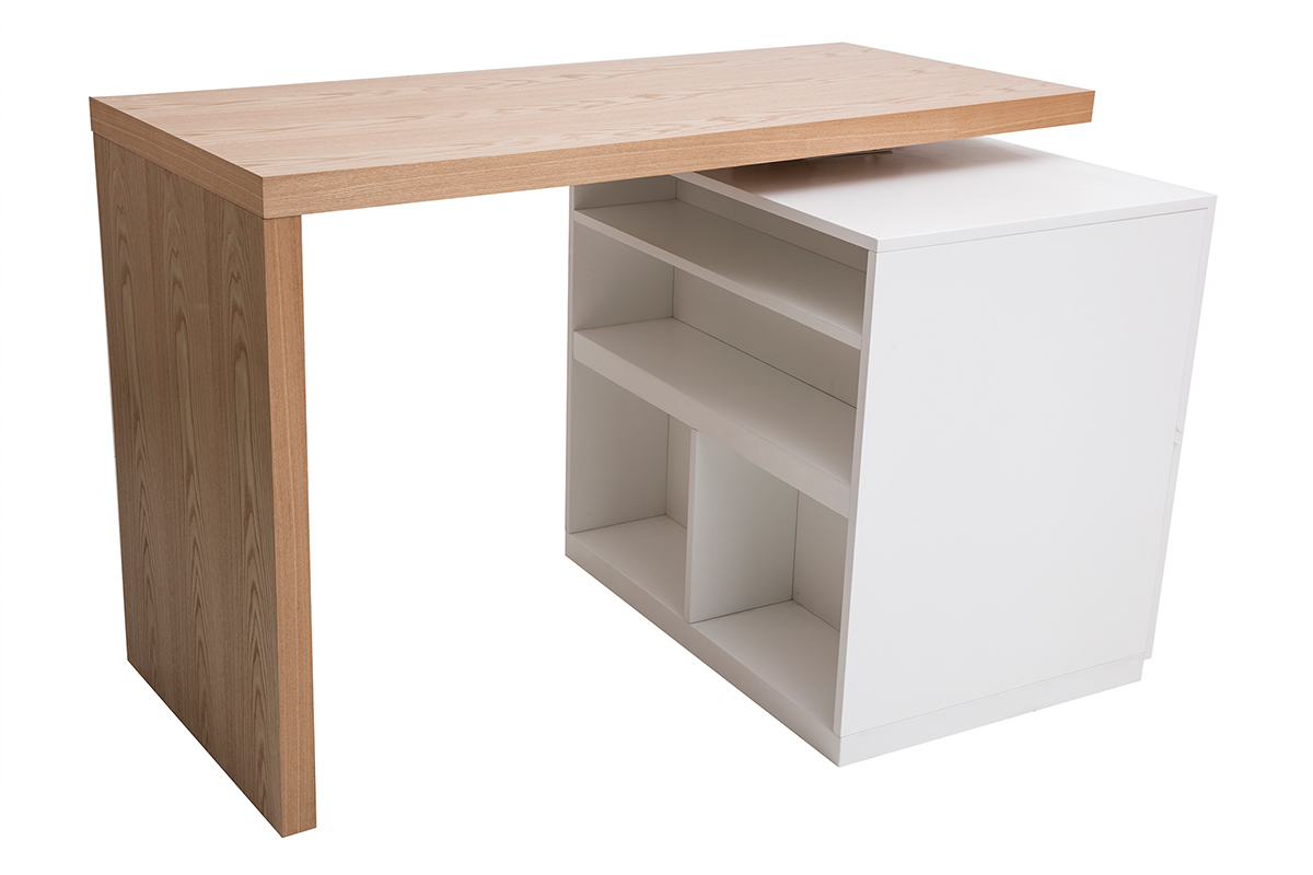 lot - table de bar modulable avec rangement blanc mat et bois clair chne L140-165 cm MAX