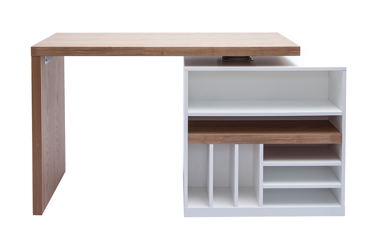 lot - table de bar modulable avec rangement blanc mat et bois clair chne L140-165 cm MAX