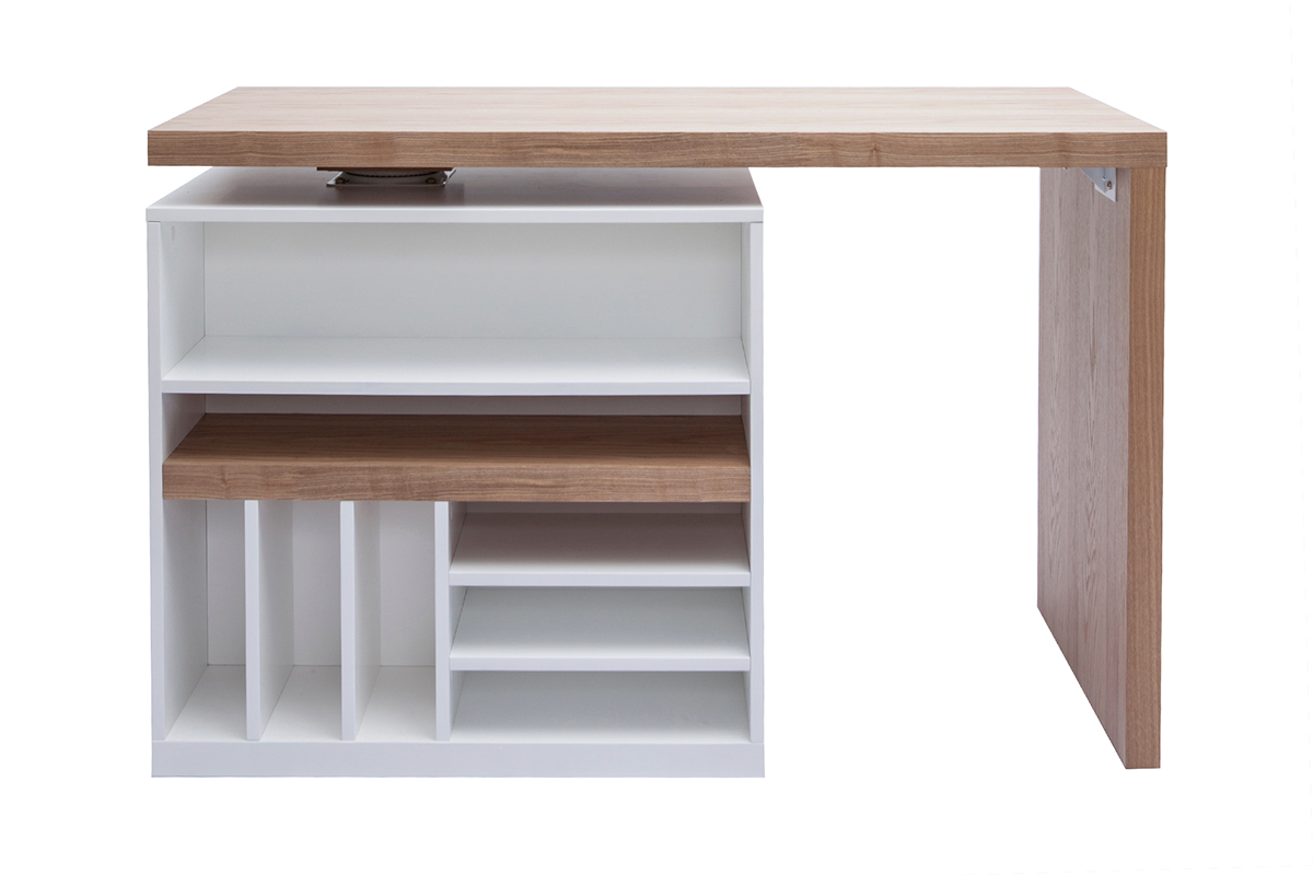 lot - table de bar modulable avec rangement blanc mat et bois clair chne L140-165 cm MAX