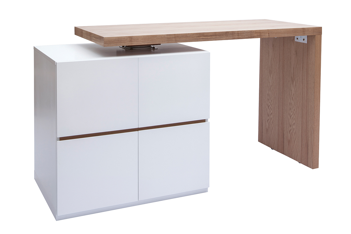 lot - table de bar modulable avec rangement blanc mat et bois clair chne L140-165 cm MAX